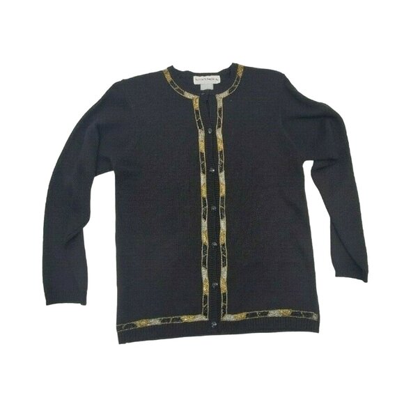 Vtg 80s Black Beaded Cardigan Sweater Small Gold Silver Embellished Retro Style - Picture 2 of 5